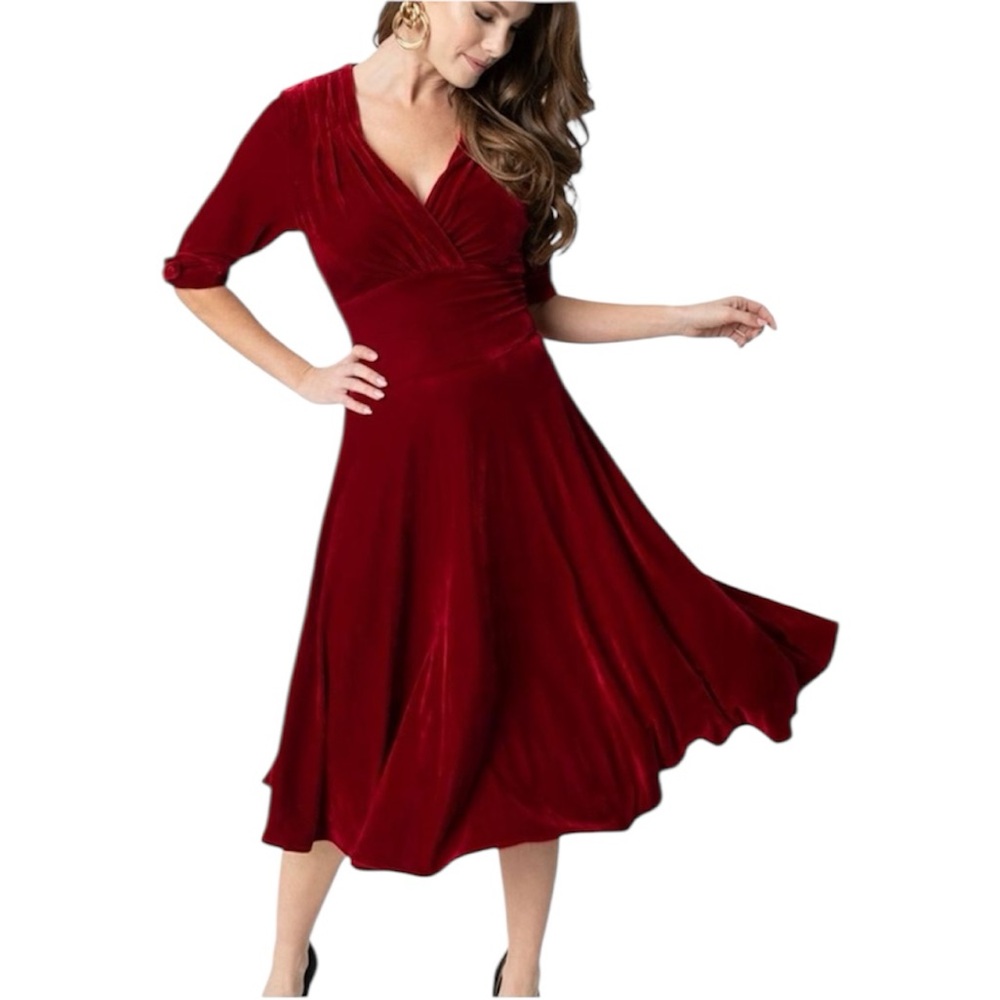 Unique Vintage Burgundy Red Velvet Delores Dress - Size 2X/18 - Picture 3 of 11